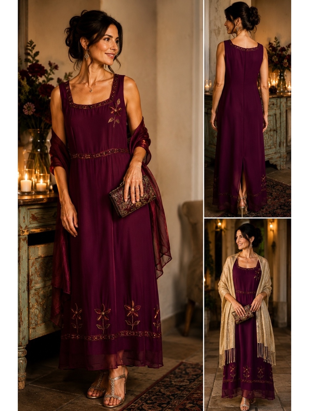 Vintage April Cornell Cornell Trading Beaded Burgundy Rayon Maxi Dress 90s Boho